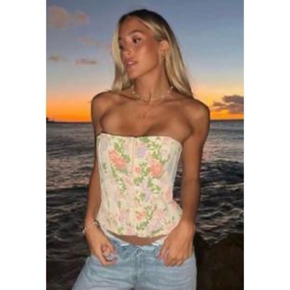Zara Pastel Floral Corset Strapless Top Sz Small Blogger Favorite Cottage Fairy - Picture 4 of 7